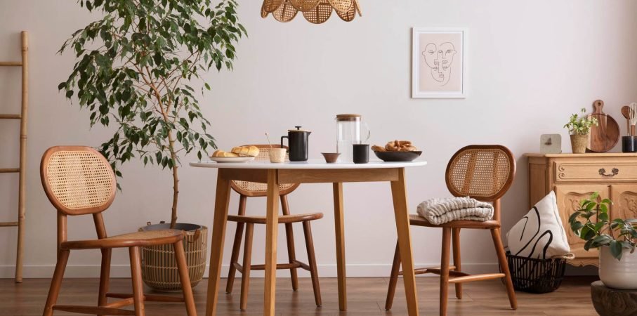 stylish-dining-room-with-round-table-rattan-chair-wooden-commode-poster-kitchen-accessories-beige-wall-with-mock-up-poster-home-decor-template